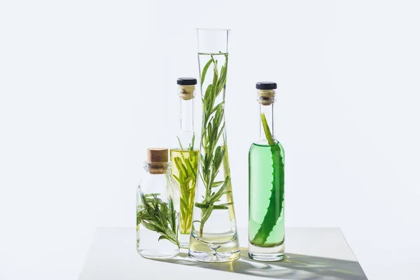 Bouteilles en verre d'huiles essentielles naturelles à base de plantes avec des brindilles sur la surface blanche — Photo de stock