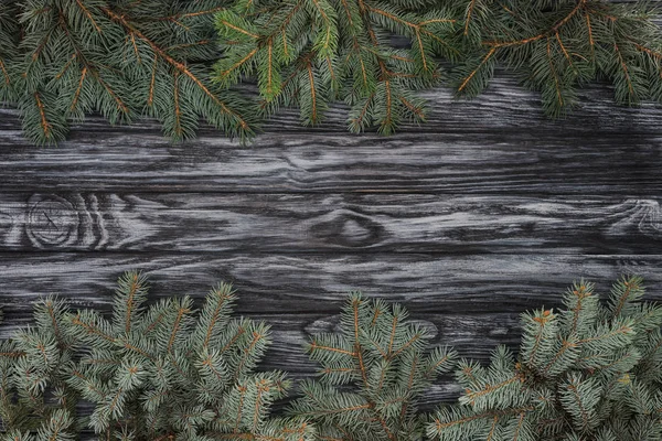 Верхний вид красивых вечнозеленых еловых ветвей на деревянном фоне — стоковое фото