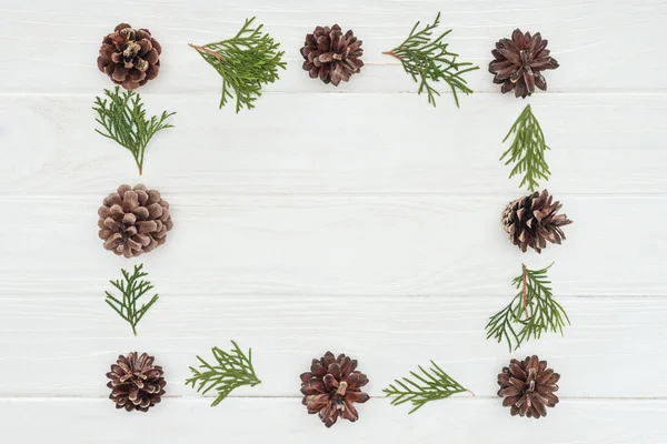 Beautiful frame made of evergreen coniferous twigs and pine cones on white wooden background — Stock Photo