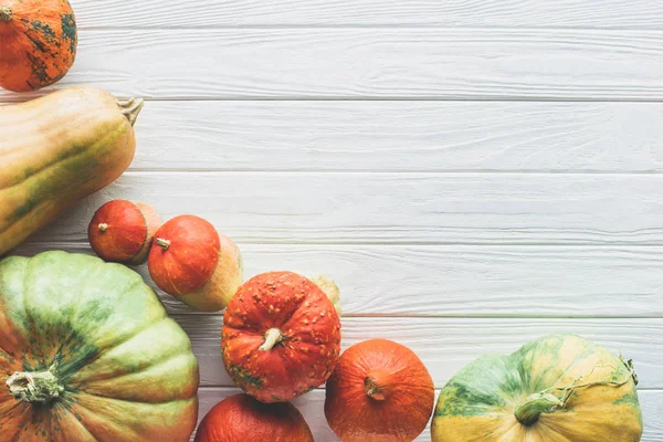 Elevated view of autumnal different ripe pumpkins on tabletop — Stock Photo