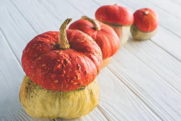 Selektiver Fokus kleiner orangefarbener Herbstkürbisse in Reihe auf hölzerner Tischplatte — Stockfoto