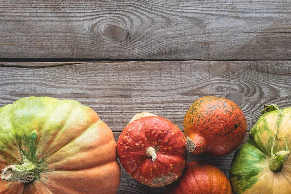 Top view of ripe autumnal pumpkins on grey wooden tabletop — Stock Photo