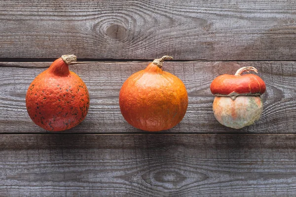 Vista superior de tres pequeñas calabazas otoñales maduras sobre una mesa de madera gris - foto de stock