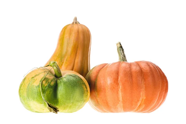 Yellow, orange and green pumpkins isolated on white — Stock Photo