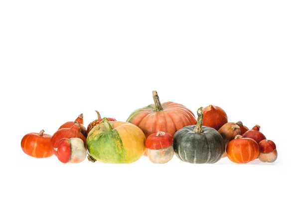 Pile of different autumnal ripe pumpkins isolated on white — Stock Photo