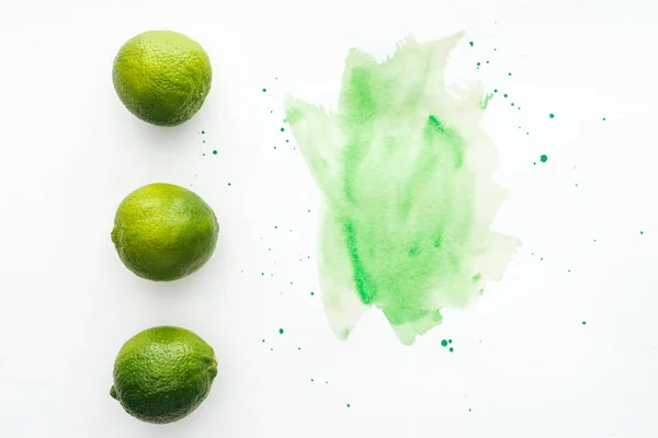 Top view of ripe limes in row on white surface with green watercolor — Stock Photo