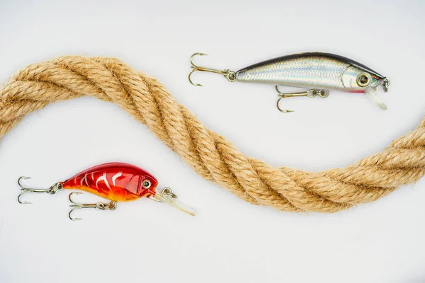 Flat lay with nautical rope and fishing bait isolated on white — Stock Photo