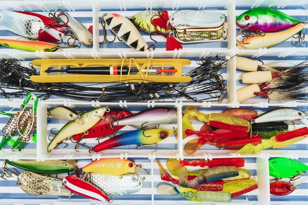 Вид сверху на рыболовные снасти и различные приманки в пластиковой коробке — стоковое фото