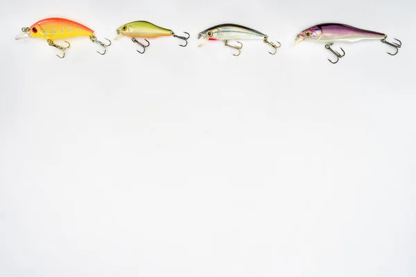 Elevated view of various fishing bait placed in row isolated on white background — Stock Photo