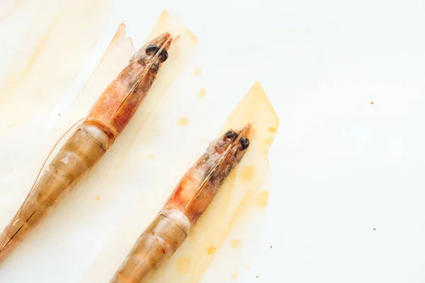 Vue de dessus des crevettes crues sur la surface blanche avec des traits d'aquarelle — Photo de stock