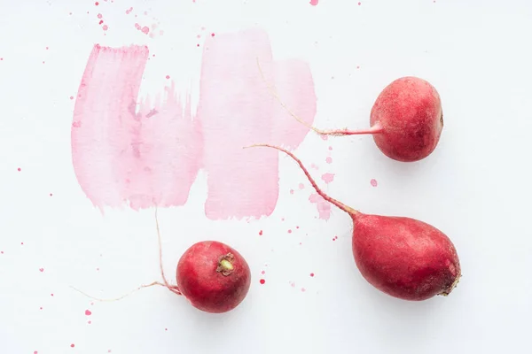 Vista dall'alto di ravanelli maturi su superficie bianca con tratti di acquerello rosa — Foto stock