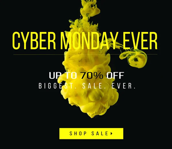 Gelbe fließende Tinte auf schwarzem Hintergrund mit 70 Prozent Rabatt auf den größten Verkauf aller Zeiten - Cyber Monday ever — Stockfoto