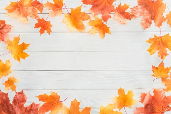 Top view of frame of orange autumnal maple leaves on wooden surface — Stock Photo