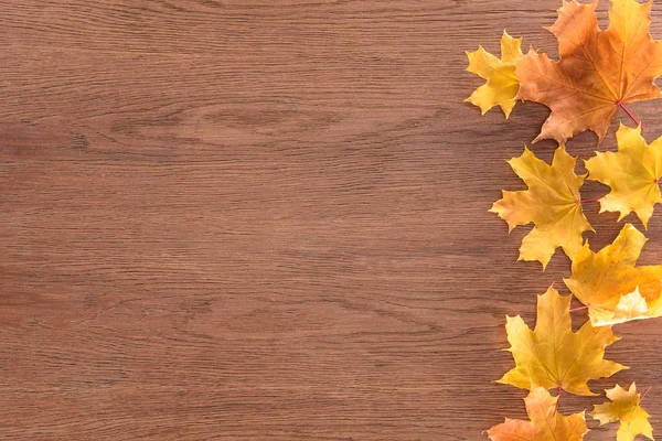 Top view of yellow autumnal maple leaves on brown wooden surface — Stock Photo