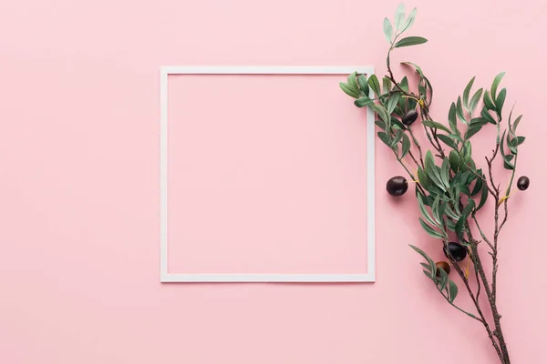 Deitado plano com moldura e ramo com bagas decoradas em rosa — Fotografia de Stock