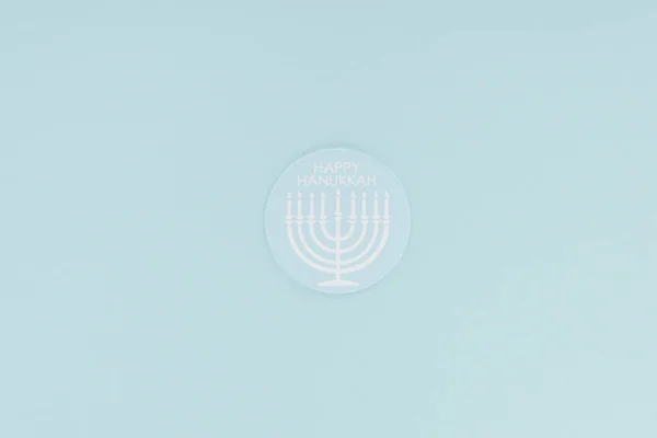 Top view of happy hannukah card isolated on blue, hannukah concept — Stock Photo