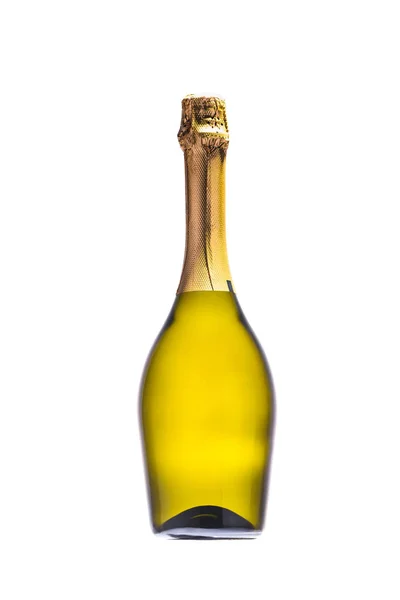 Close up view of bottle of champagne isolated on white — Stock Photo