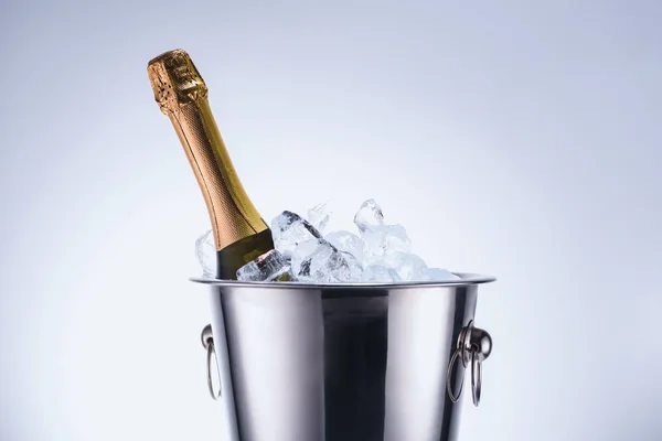 Close up view of bottle of champagne in bucket with ice cubes on grey background — Stock Photo