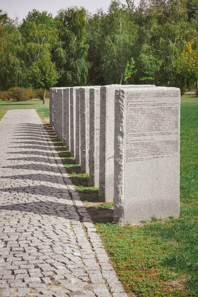 Vecchie lapidi commemorative con scritte poste in fila e alberi al cimitero — Foto stock