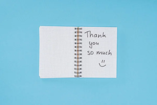 Notebook with thank you so much lettering isolated on blue background — Stock Photo