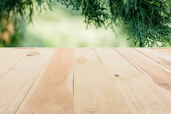 Plantilla de piso de madera beige hecha de tablones sobre fondo verde borroso con hojas de pino - foto de stock