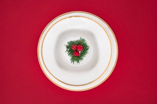 Flat lay with evergreen tree branch with decorated christmas balls on plate isolated on red — Stock Photo