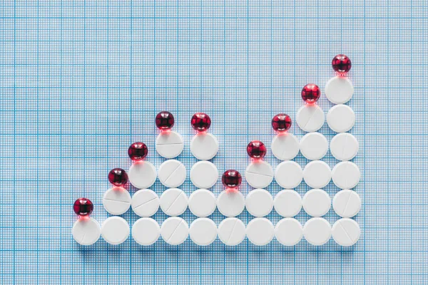 Visão elevada do gráfico de comprimidos vermelhos e brancos na superfície quadriculada azul — Fotografia de Stock
