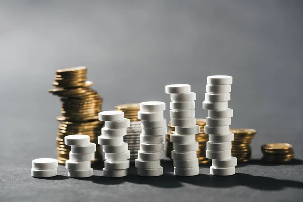 Selective focus of arranged stacks made of white pills and coins on grey — Stock Photo