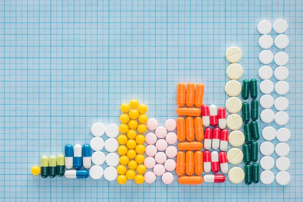 Top view of graph from various colorful pills on blue checkered surface — Stock Photo