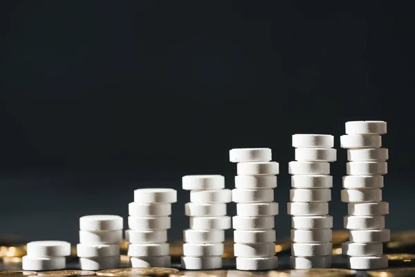 Крупним планом розставлені стеки з білих таблеток біля купи монет на сірому — стокове фото