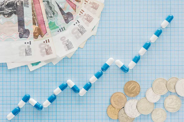 Elevated view of pills graph and russian banknotes with coins on blue checkered surface — Stock Photo
