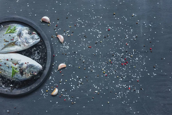 Acostado plano con pescado, ajo y romero sobre una mesa negra cubierta de sal y pimienta - foto de stock