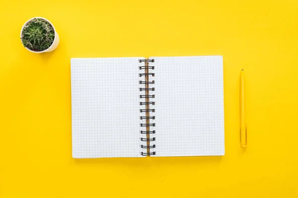 Top view of blank spiral notebook and pen on yellow background — Stock Photo