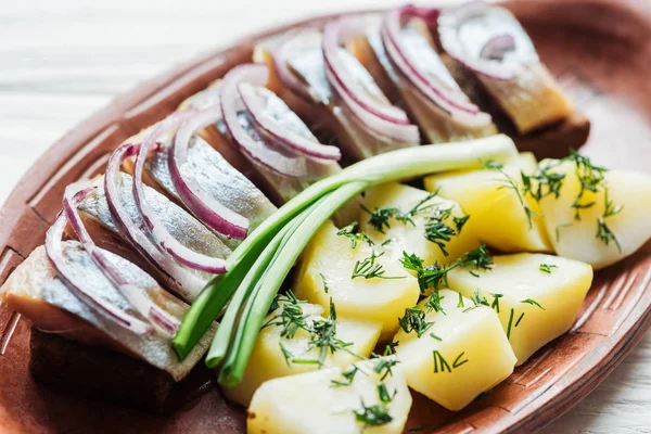 Primo piano di deliziose aringhe marinate con patate e cipolle nel piatto di terracotta — Foto stock