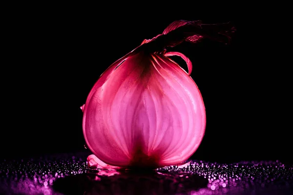 Rebanada de cebolla cruda con gotas de agua y luz de fondo rosa neón sobre fondo negro - foto de stock