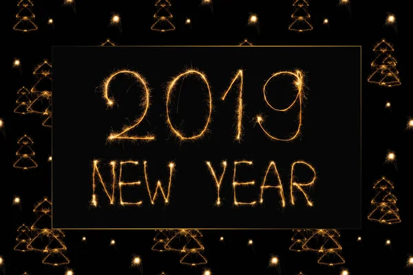 2019 new year light lettering and light fir tree signs on black background — Stock Photo