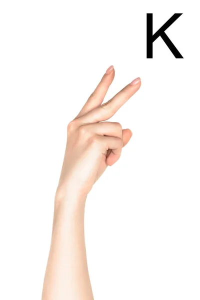 Ausgeschnittene Ansicht der weiblichen Hand mit kyrillischen Buchstaben, taubstumme Sprache, isoliert auf weiß — Stockfoto