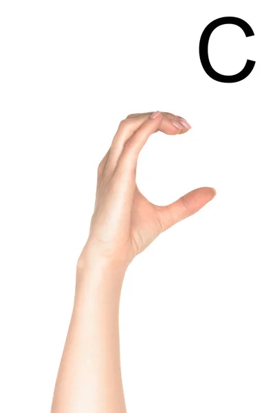 Обрезанный вид женщины с кириллическим письмом, язык жестов, изолированный на белом — стоковое фото