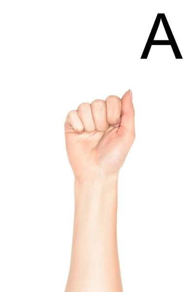 Partial view of female hand showing latin letter - A, sign language, isolated on white — Stock Photo