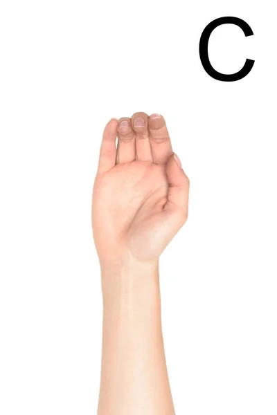 Cropped view of female hand showing latin letter - C, sign language, isolated on white — Stock Photo