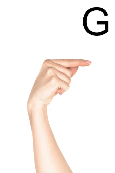 Female hand showing latin letter - G, sign language, isolated on white — Stock Photo