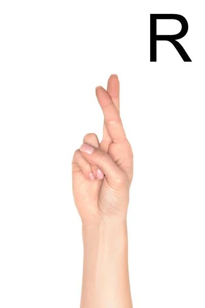 Частковий вигляд жінки, що показує латинську літеру - R, глуха і німа мова, ізольована на білому — стокове фото