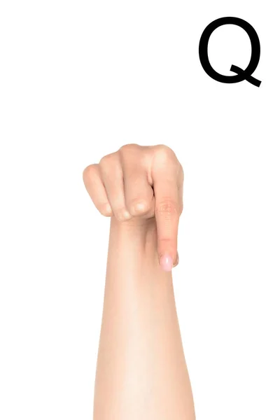 Cropped view of woman showing latin letter - Q, deaf and dumb language, isolated on white — Stock Photo