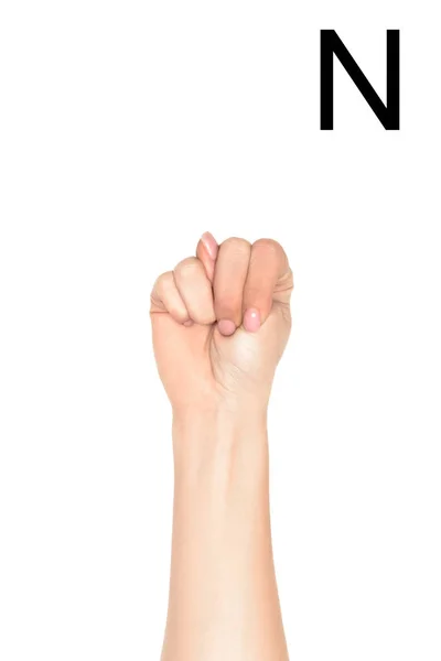 Vista ritagliata della donna che mostra lettera latina - N, linguaggio sordo e muto, isolato su bianco — Foto stock