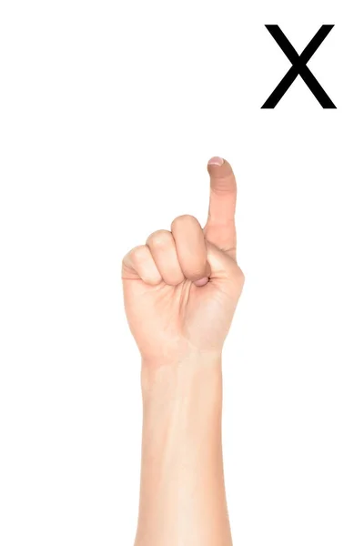 Vista ritagliata della mano femminile che mostra lettera latina - X, linguaggio sordo e muto, isolato su bianco — Foto stock