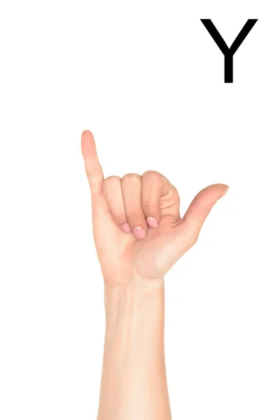 Partial view of female hand showing latin letter - Y, deaf and dumb language, isolated on white — Stock Photo