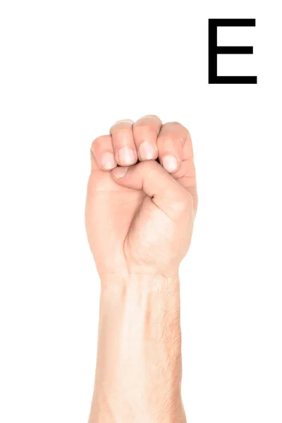 Cropped view of man showing latin letter - E, deaf and dumb language, isolated on white — Stock Photo