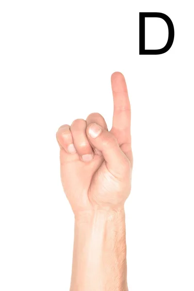 Cropped view of man showing latin letter - D, deaf and dumb language, isolated on white — Stock Photo