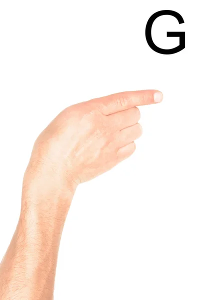 Vista parcial de la mano que muestra la letra latina - G, lenguaje sordo y mudo, aislado en blanco - foto de stock
