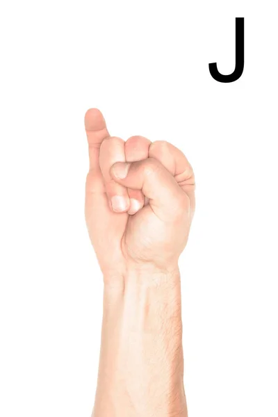 Cropped view of hand showing latin letter - J, deaf and dumb language, isolated on white — Stock Photo